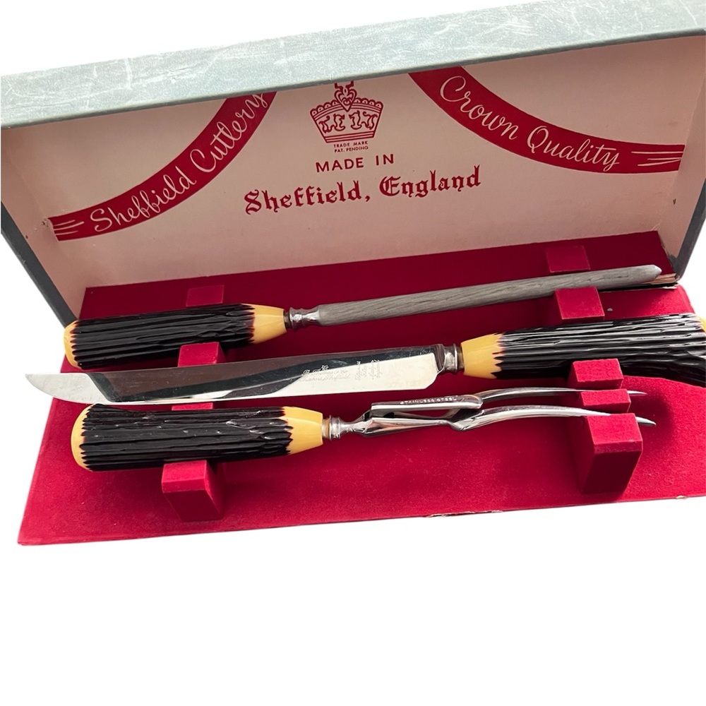 VTG B THOMAS & CO SHEFFIELD ENGLAND BAKELITE & STAINLESS STEEL 3 PC CARVING SET